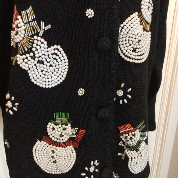Victoria Jones Snowman Christmas Beaded Long Sleeve Cardigan Sweater Medium - Picture 2 of 6